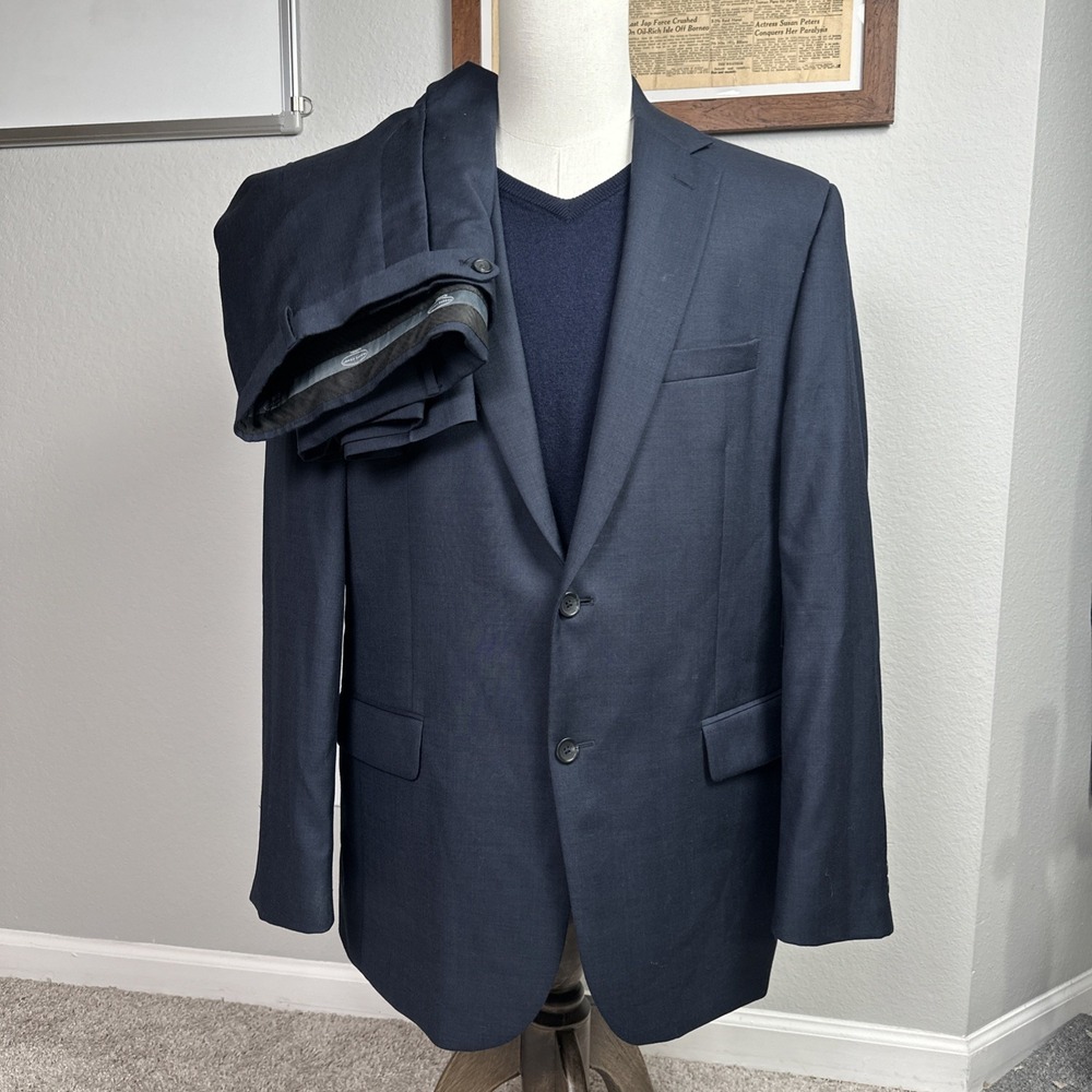 Pronto Uomo Platinum Suit Men 44L 38x32 Navy Blue 100% Wool Jacket Lined Pants